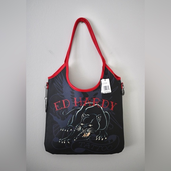 NWT Vegan Leather Ed Hardy Y2K Black Panther Rock Tote Bag Vintage - Picture 5 of 16